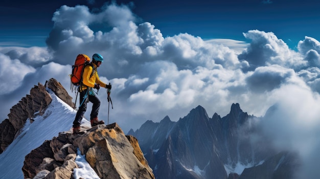 Mountaineer navigeert smalle bergkam met adembenemende druppels kleurrijke uitrusting levendige hemel achtergrond