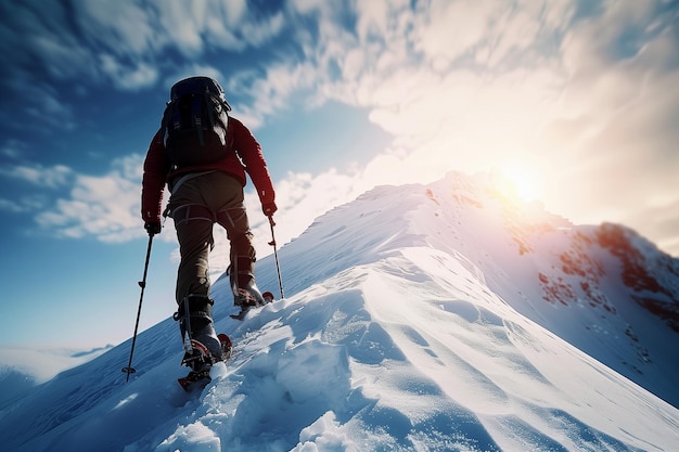 写真 背中を背負って雪に覆われた高山でスノーシューを履く登山家