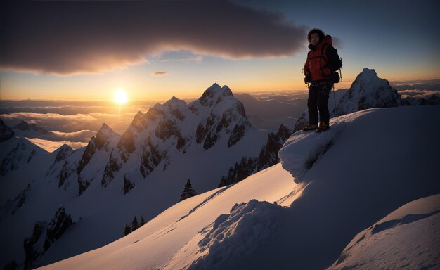 写真 登山家は雪に覆われた山の頂上に到達する