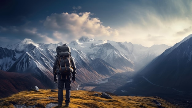 Альпинист, стоящий на горе с большим рюкзаком в полном альпинистском снаряжении и глядя на горы