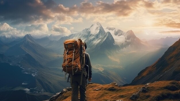 A mountaineer standing on a mountain with a large backpack in full mountaineering gear and looking at the mountains