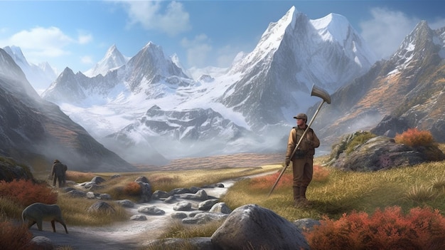 A mountaineer stands in front of the impressive backdrop of the mountains oil painting