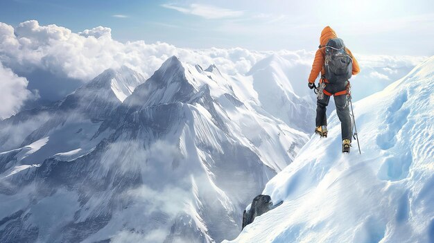 альпинист стоит на вершине горы и смотрит вниз на облака