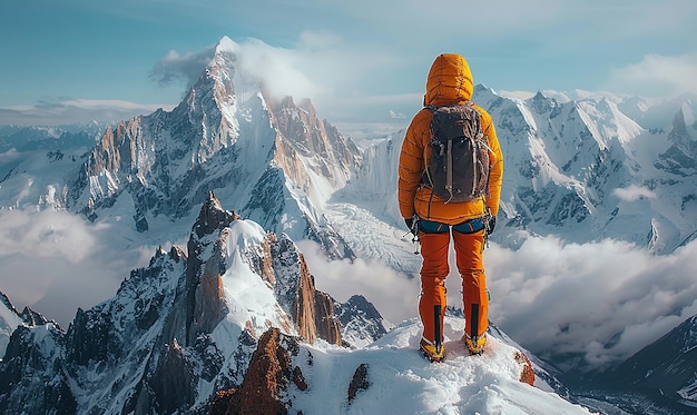 a mountaineer stands on a mountain top with the name  on it