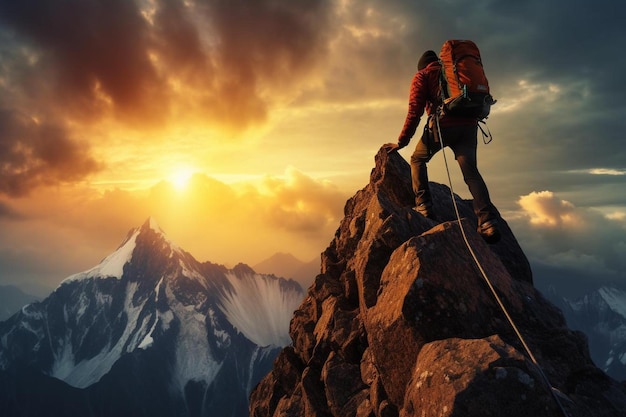 альпинист стоит на скале над горной вершиной.