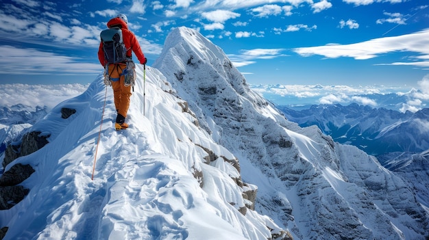 Mountaineer on a summit ridge with a view of the Canadian Rockies