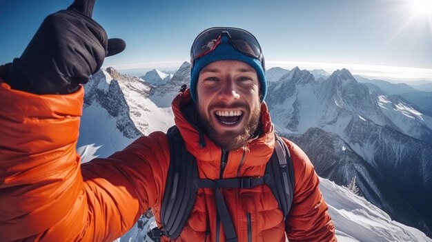 A mountaineer at the summit taking a triumphant selfie against the backdrop of snow