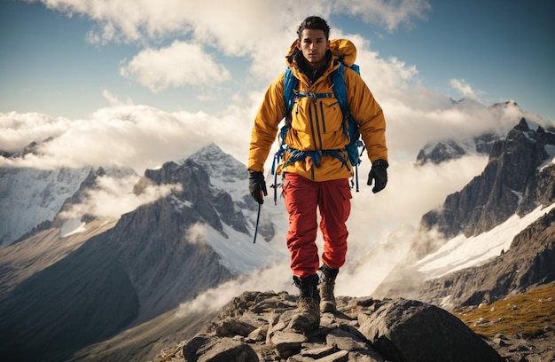 Alpinista che cammina sulla vetta con paesaggi mozzafiato