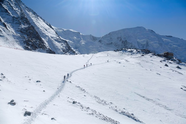 Mountaineering ascending in French Alps Tete Rousse and Mount Mont Blanc France