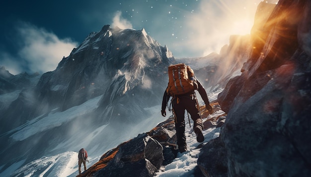 Mountaineers climbing the alps Climbers climbing the glacier with their backpacks