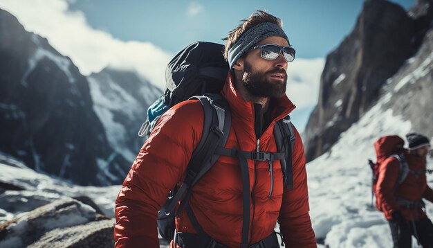 アルプスに登る登山者 バックパックを背負って氷河を登る登山者