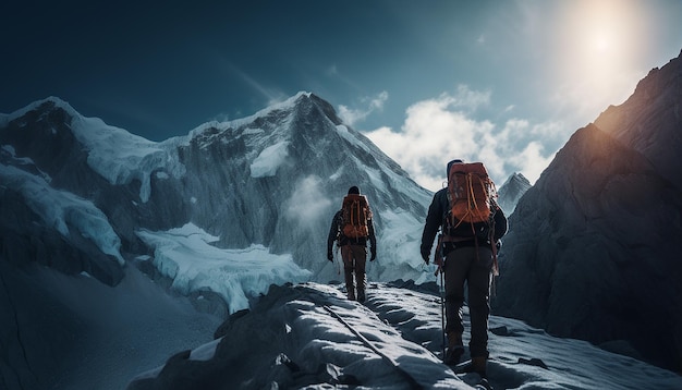 アルプスに登る登山者 バックパックを背負って氷河を登る登山者