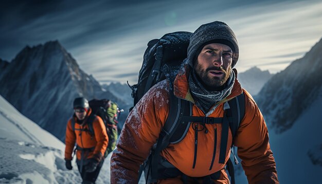 Mountaineers climbing the alps Climbers climbing the glacier with their backpacks