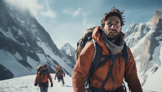 Mountaineers climbing the alps Climbers climbing the glacier with their backpacks