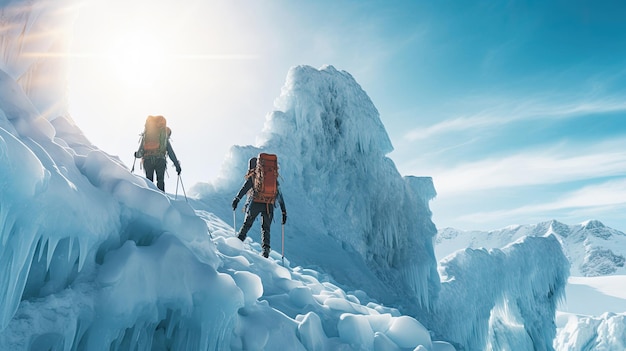 氷の谷の斜面を登る登山者