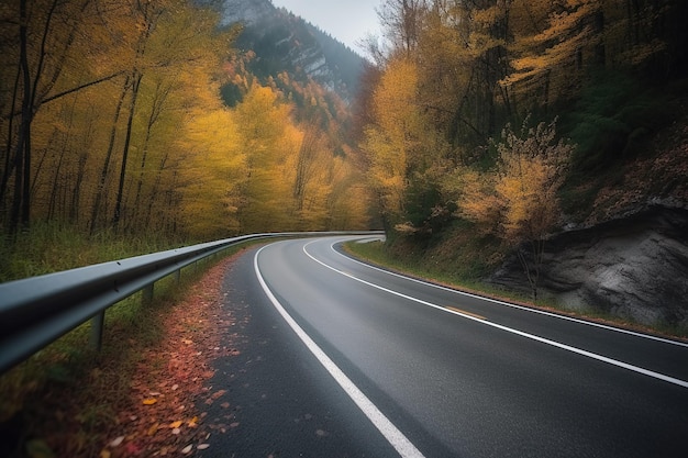 In mountainous environments with mountains You can see a remote highway from the car driving