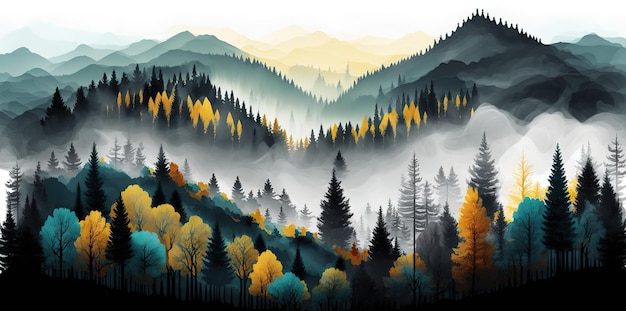 Mountainous foggy autumn scene with fir trees