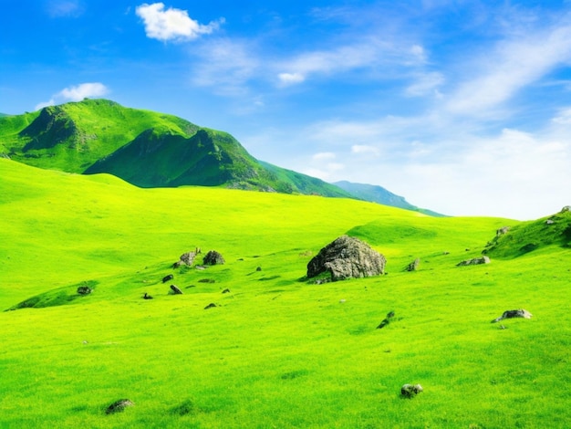 Photo mountainous green field view