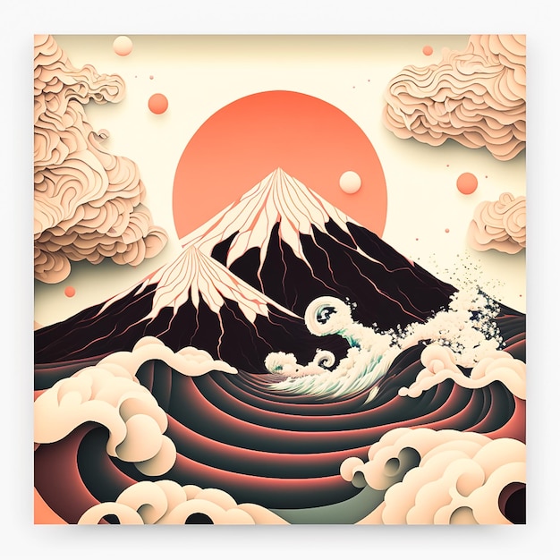 Mountainous Paper Cut Scene with Clouds and Mist AI Generated