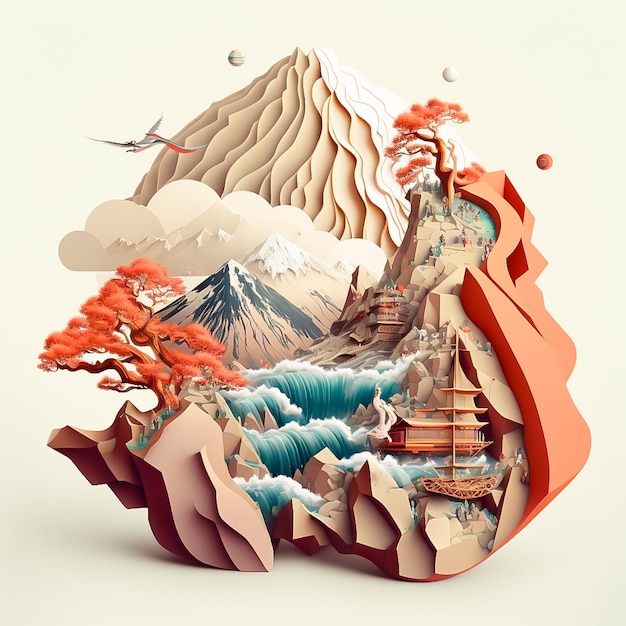 Mountainous Paper Cut Scene with Clouds and Mist AI Generated