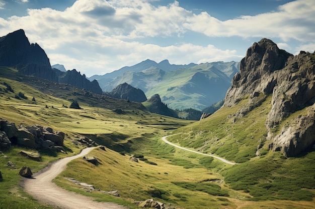 Mountainous terrain with a winding road nearby