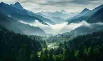 Photo mountainous valley with environment evergreen forest against misty sky