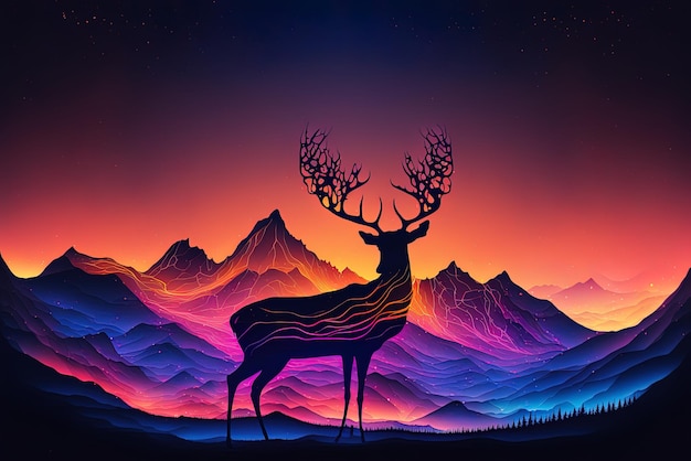 Mountains in the abstract at night Lovely neon setting with a silhouette of a deer