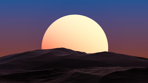 Mountains against the backdrop of the sun stars and sky landscape at sunset Landscape of mountains and planets blurred background Futuristic abstract mountains landscape 3D render