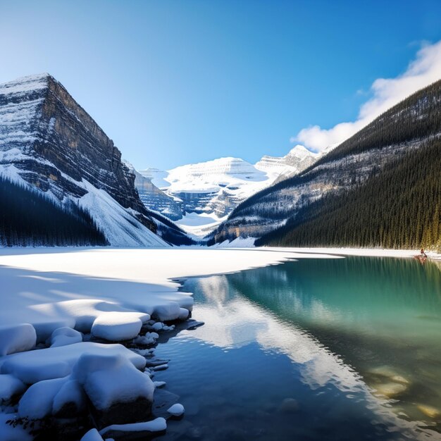 Mountains are covered in snow and ice next to a lake generative ai