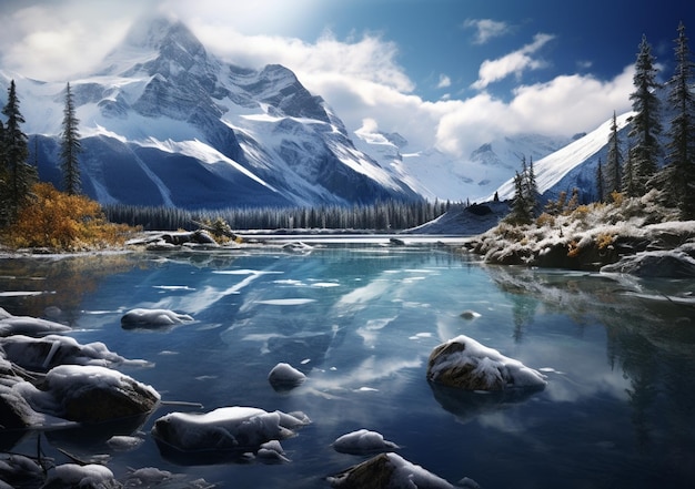 Mountains are covered in snow and ice in a river generative ai