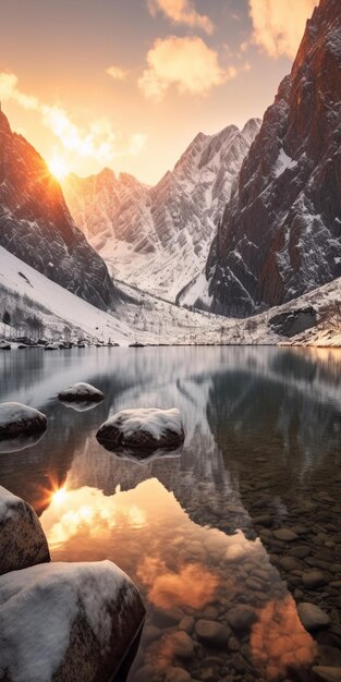 Mountains are covered in snow and a lake is surrounded by rocks generative ai