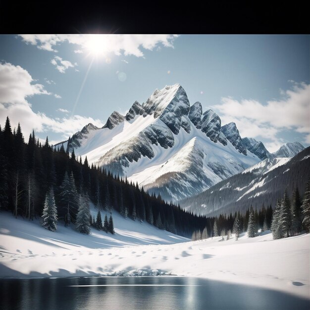 mountains are covered in snow and trees near a lake