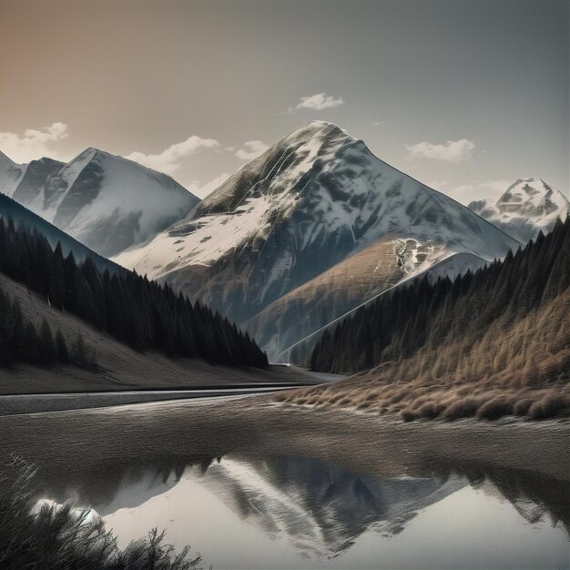 mountains are reflected in a lake in the middle of a valley