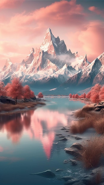 Mountains are reflected in a lake with a pink sky generative ai