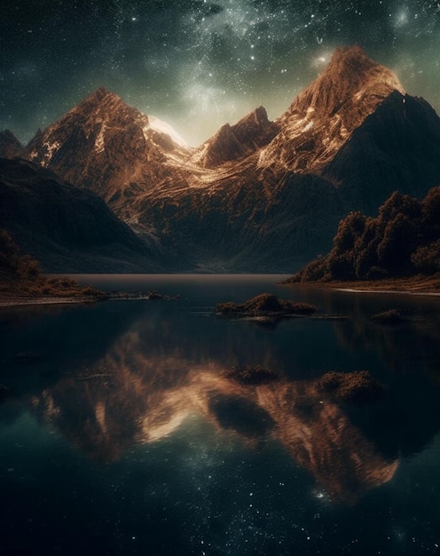 The mountains are reflected in the water