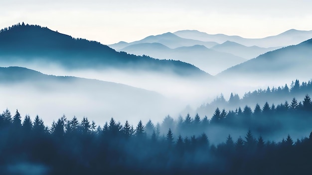 The mountains are visible in the morning mist