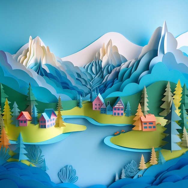 mountains on blue paper cut style background