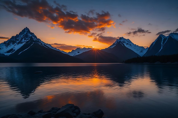 夕暮れ時の水域の山々