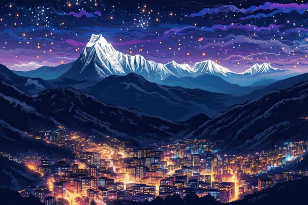 Mountains and city lights in cartoon style throughout the day made using generative ai tools