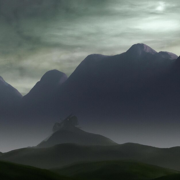 Mountains covered with fog and dense clouds hiding the sunlight, digital art background