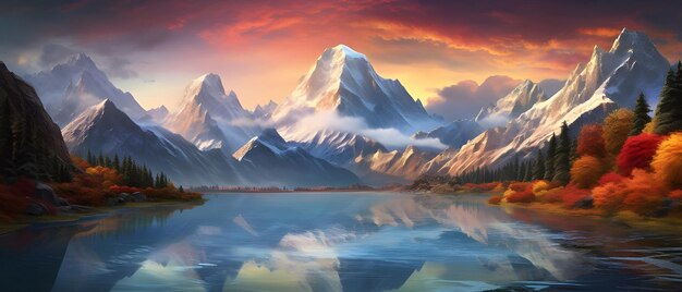 Mountains covered with snow at sunset Ai generated