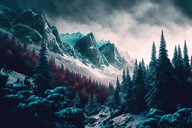 Mountains covered with snow and a vibrant forest on a gloomy day