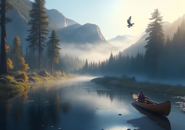 Mountains creek fog birds in sky canoe sunshine