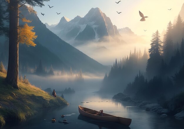 Mountains creek fog birds in sky canoe sunshine