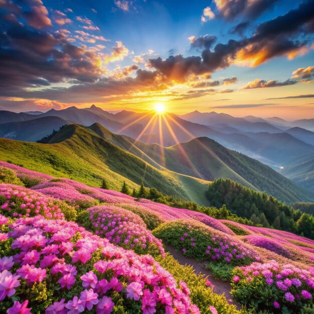 Photo mountains during flowers blossom and sunrise flowers on the mountain hills beautiful natural landscape at the summer time natural backgroun