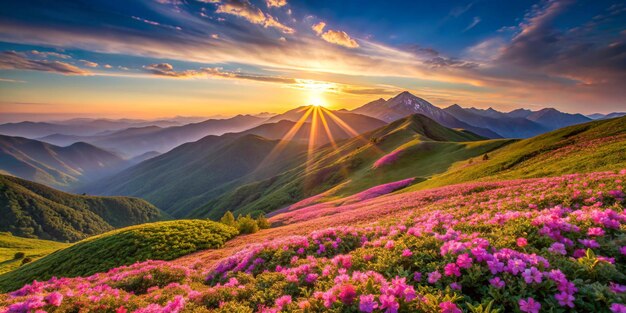 Photo mountains during flowers blossom and sunrise flowers on the mountain hills beautiful natural landscape at the summer time natural background