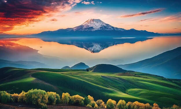 写真 夕暮れの山々 夏の美しい自然風景