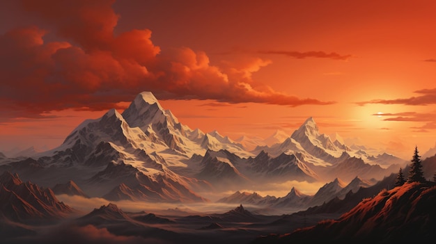 オレンジ色の空と夕暮れの山々