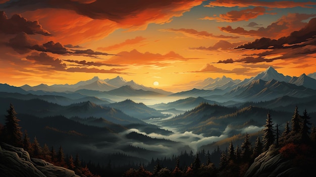 mountains at dusk with an orange sky