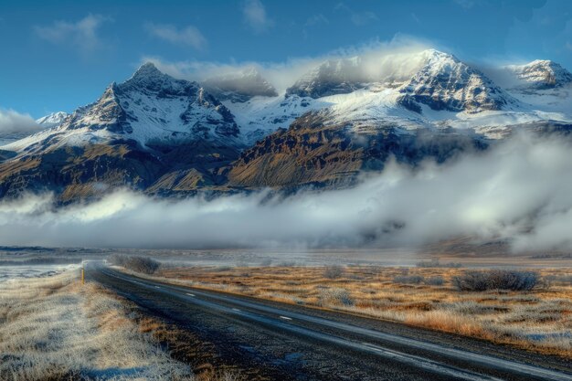 Mountains and fog by highway in Iceland